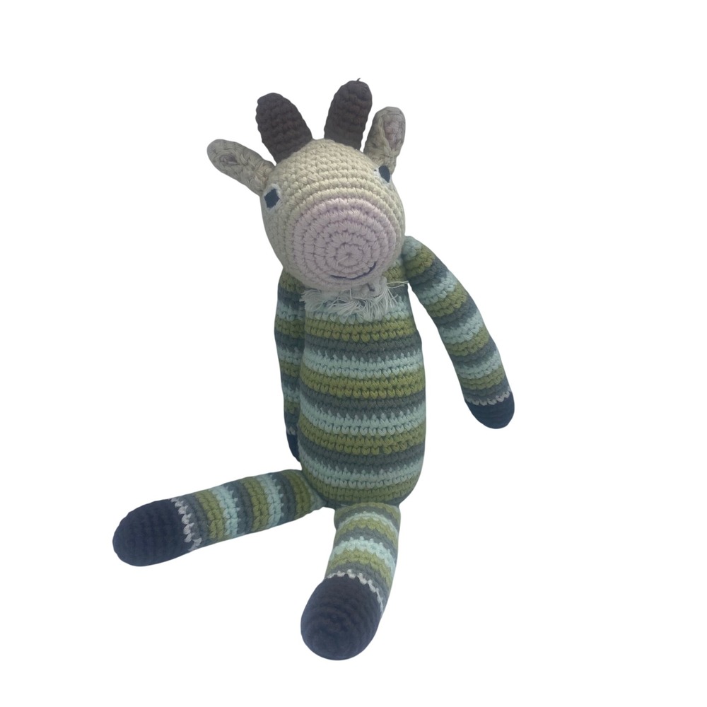 Pebble Child Handmade Crochet Goat Plush Green‎ Blue 100% Cotton 12" Rattle